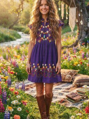 Denise Are Here Vintage Purple Embroidered Dress Women's Sz 5 Small, 60s/70s